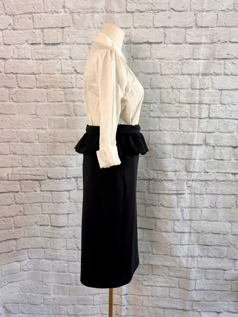 2 Piece Styled Outfit White Blouse w Gems Collar Black Peplum Pencil Midi Skirt - Picture 7 of 12
